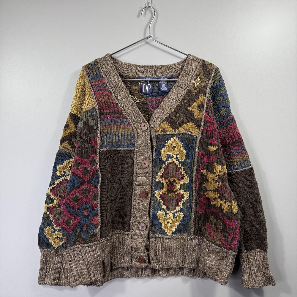 Gap Sweater Womens Medium Multicolor Handknit Patchwork Cardigan Boho Chunky